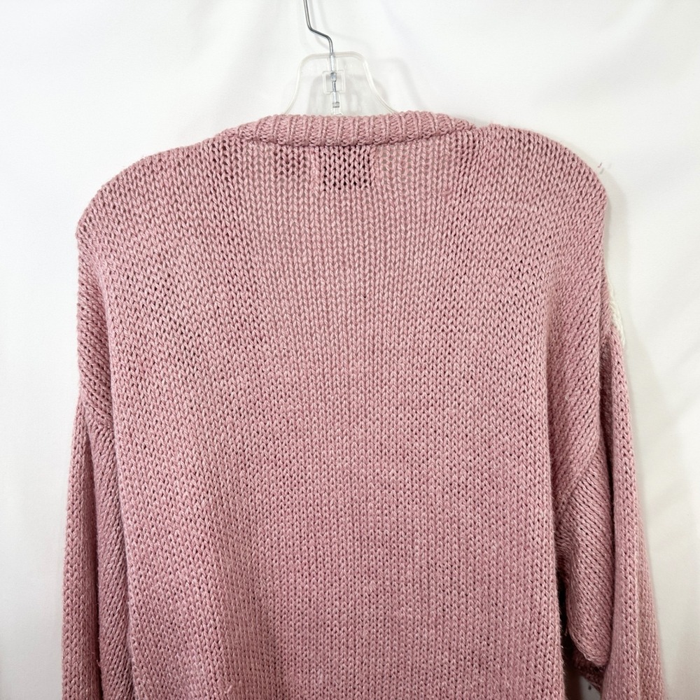 VTG Plus Size 20W Sweater Pink Hand Knit Heart Fringe Cardigan Cottagecore 774 - Picture 9 of 10